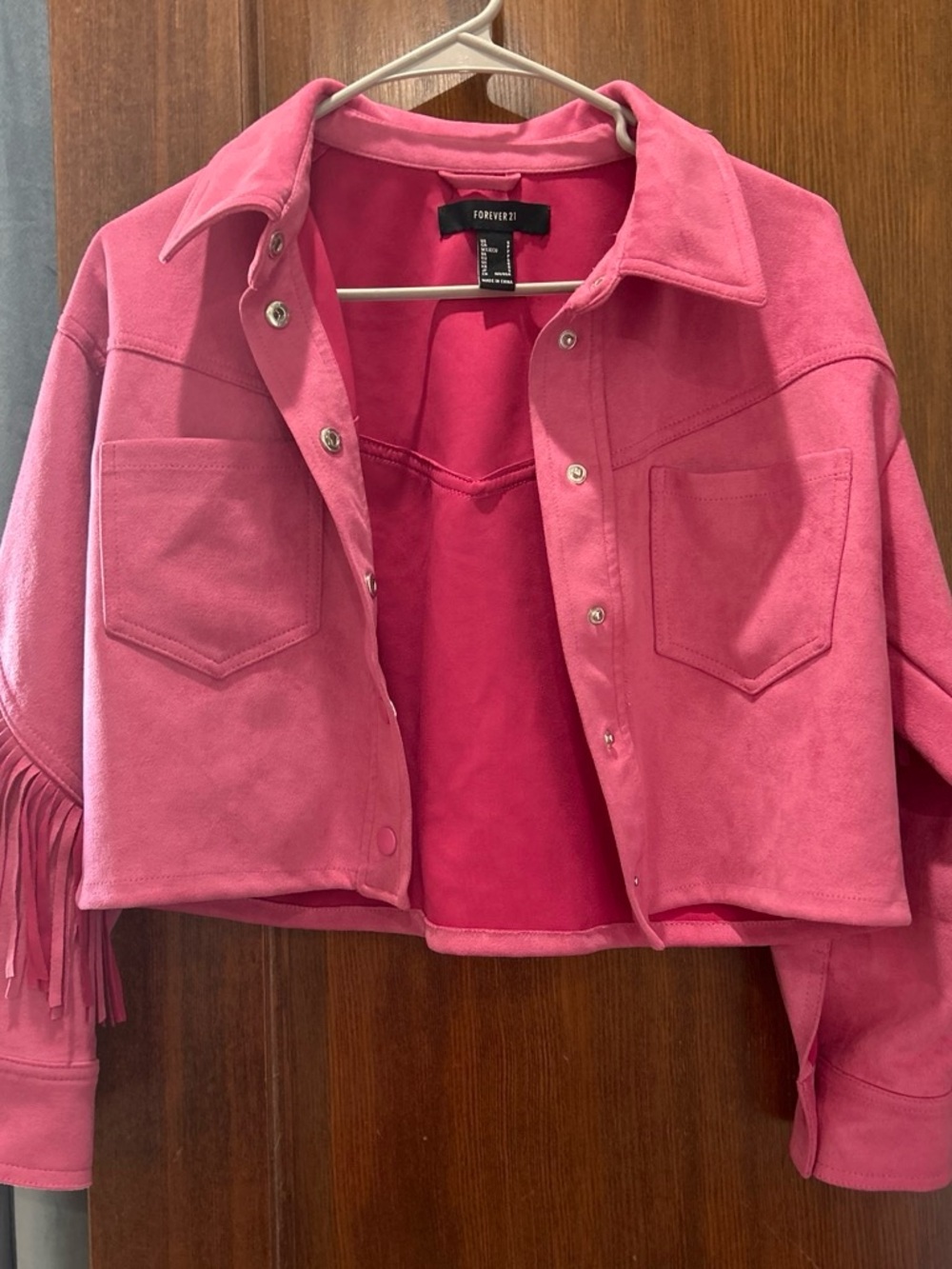 Forever 21 Hot Pink Suede Fringe Crop Jacket